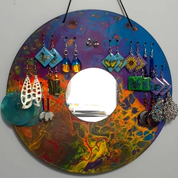 Hand Crafted Earring Jewelry Holder Painted Necklaces Vinyl Record Upcycle Wall - Picture 1 of 15